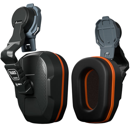 Perspective view of a pair of black and orange Klein Tools 22029 hard hat earmuffs featuring non-conductive multi-position arms and soft foam ear cushions for industrial hearing protection.