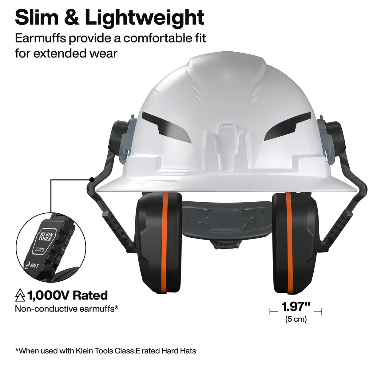 Front view infographic of the earmuffs mounted on a white safety helmet, highlighting the slim and lightweight 1.97-inch profile and 1,000V rated non-conductive materials for electrical safety.