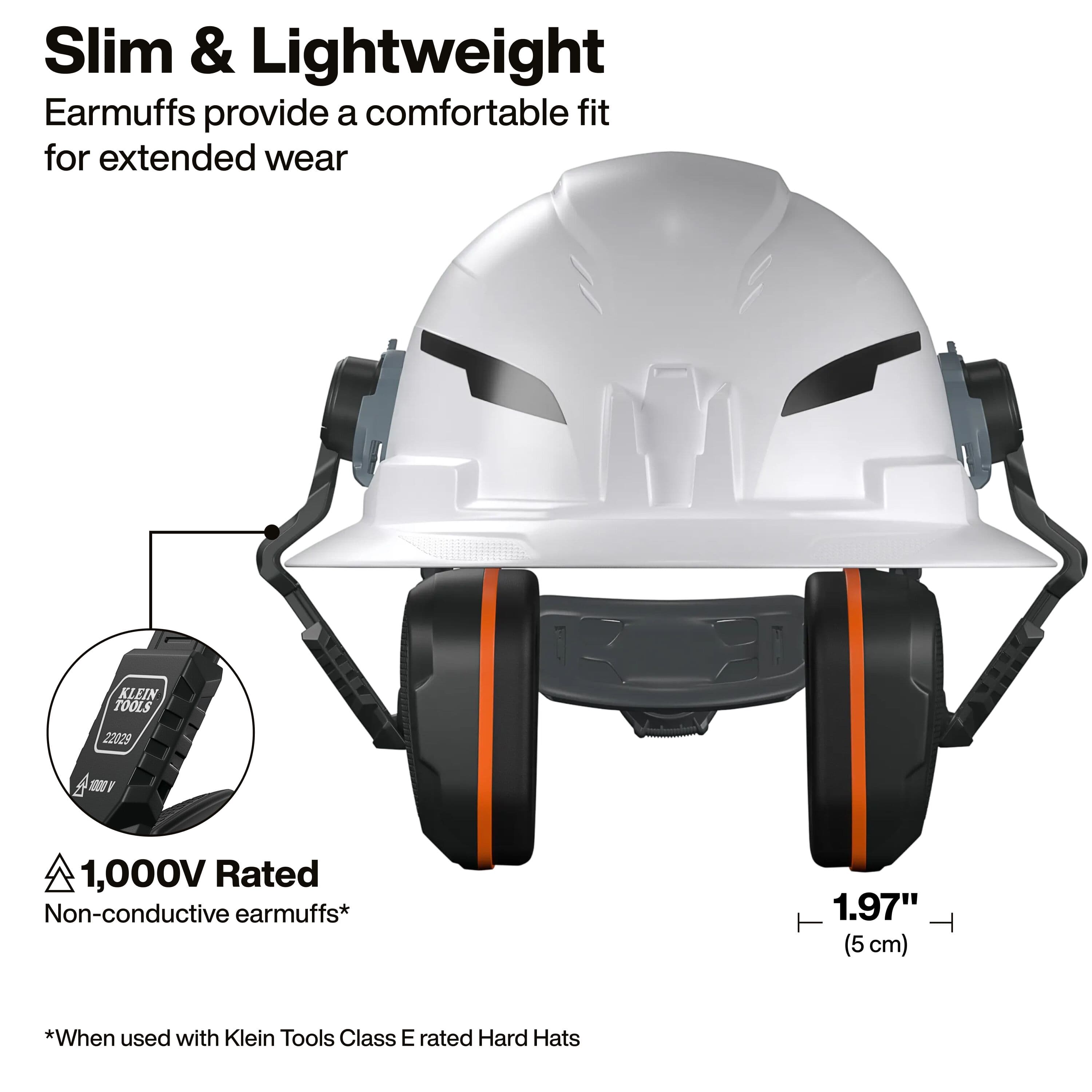 Front view infographic of the earmuffs mounted on a white safety helmet, highlighting the slim and lightweight 1.97-inch profile and 1,000V rated non-conductive materials for electrical safety.