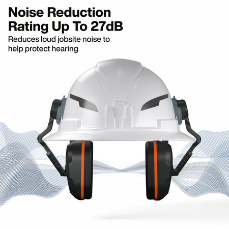 Infographic demonstrating the noise reduction capability of the hard hat earmuffs, illustrating how the 27dB NRR rating shields the user's ears from loud jobsite sound waves.