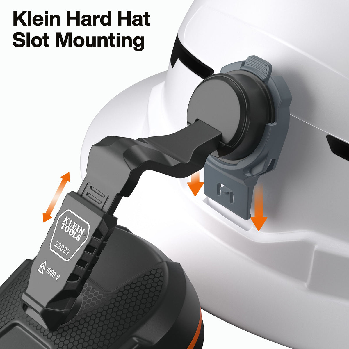 Close-up action graphic showing the universal slot mounting system, illustrating how the earmuff arms easily snap into the standard accessory slots of a Klein Tools hard hat.