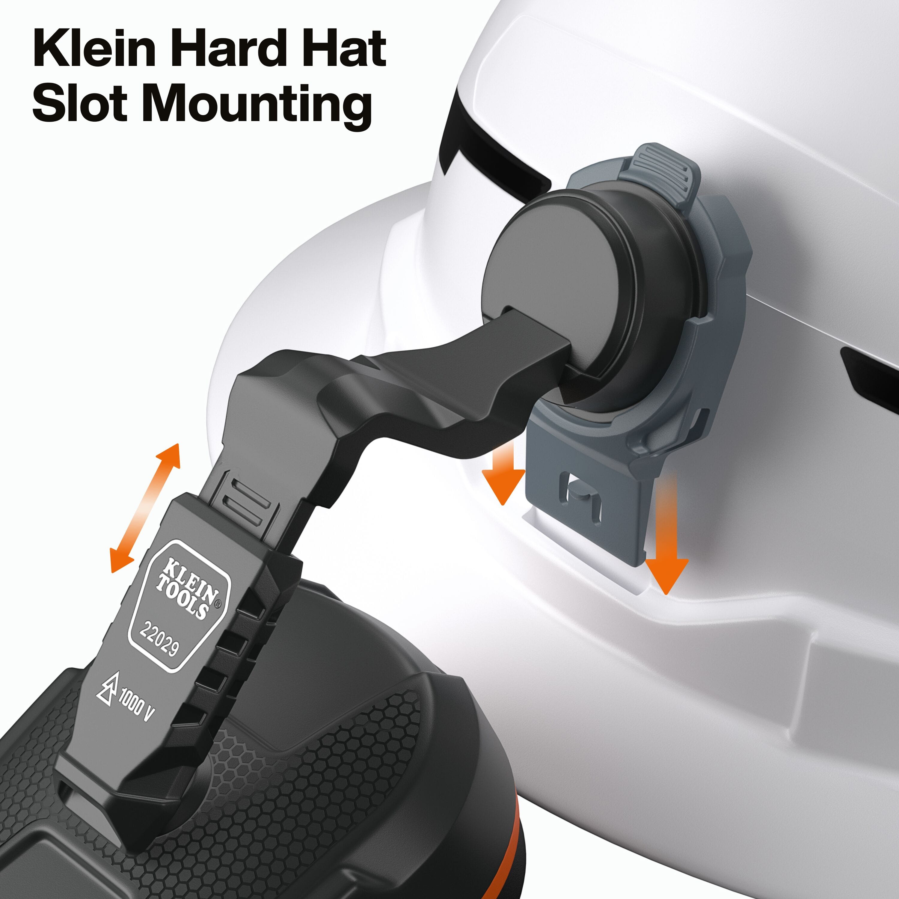 Close-up action graphic showing the universal slot mounting system, illustrating how the earmuff arms easily snap into the standard accessory slots of a Klein Tools hard hat.