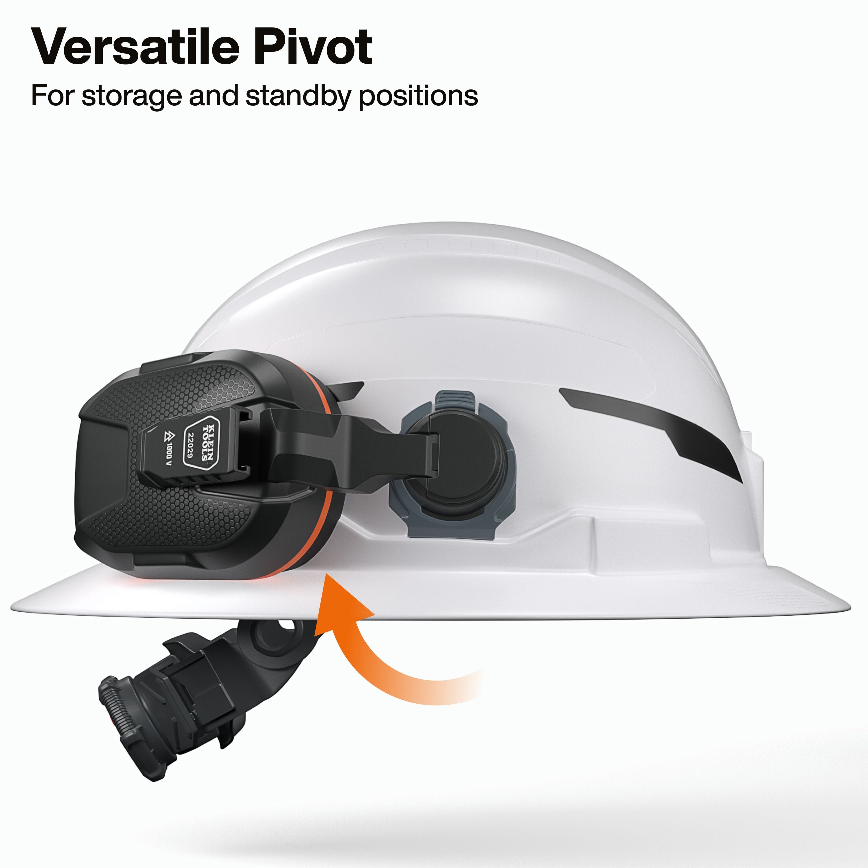 Side profile of a safety helmet demonstrating the versatile pivot feature, with an arrow showing how the earmuffs rotate from an active use position to a secure standby storage position on the brim.