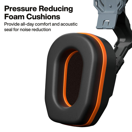 Macro detail of the pressure-reducing soft foam cushions on the earmuff cups, designed to provide all-day comfort and a superior acoustic seal for maximum noise reduction.
