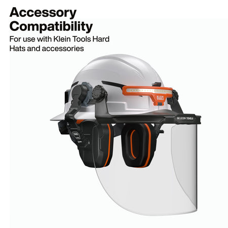 Full accessory compatibility demonstration showing the 22029 earmuffs integrated onto a hard hat along with a Klein Tools headlamp and a clear protective face shield for total head and face protection.
