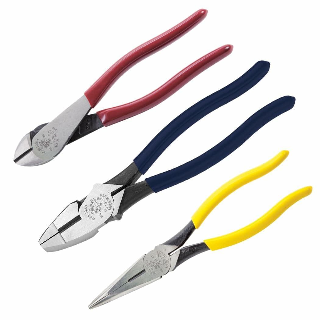 Three types of pliers displayed diagonally: diagonal cutting pliers, combination pliers, and needle-nose pliers, each with distinct colored handles.