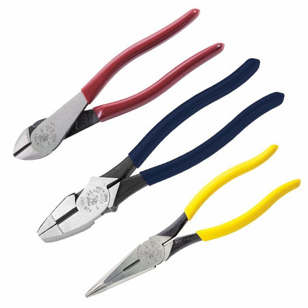 Three types of pliers displayed diagonally: diagonal cutting pliers, combination pliers, and needle-nose pliers, each with distinct colored handles.