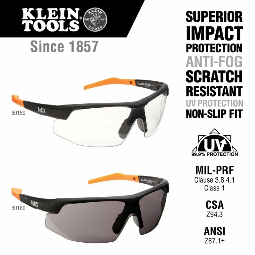 Promotional image of Klein Tools safety glasses models 60159 and 60160, featuring clear and tinted lenses with impact protection and anti-fog coating.