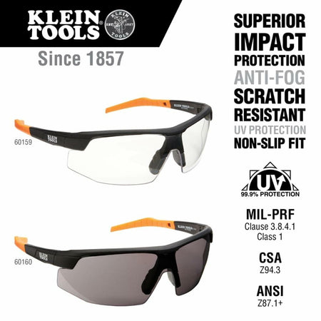 Promotional image of Klein Tools safety glasses models 60159 and 60160, featuring clear and tinted lenses with impact protection and anti-fog coating.