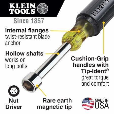 Klein Tools nut driver with cushion-grip handle, hollow shaft for long bolts, and rare earth magnetic tip for secure fastener retention.