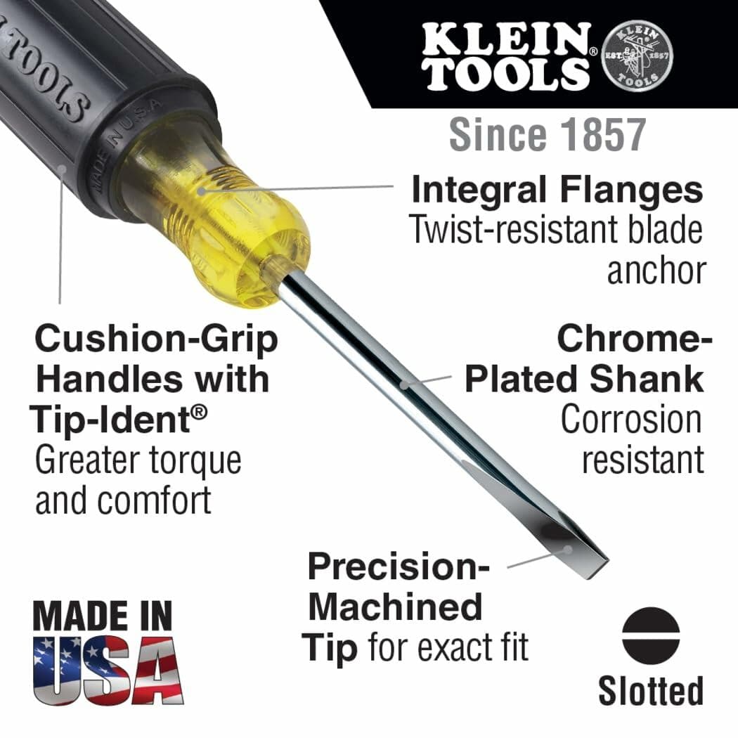 Klein Tools slotted screwdriver with cushion-grip handle, chrome-plated shank, and precision-machined tip for exact fit and corrosion resistance