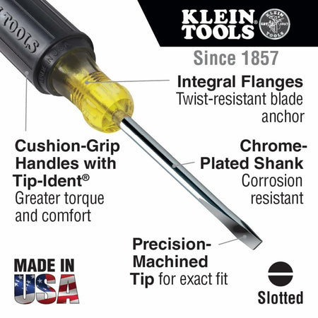 Klein Tools slotted screwdriver with cushion-grip handle, chrome-plated shank, and precision-machined tip for exact fit and corrosion resistance