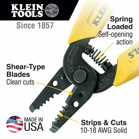 Yellow and black Klein Tools wire stripper labeled for 10–18 AWG solid wire, with spring-loaded action and shear-type blades for clean cuts.