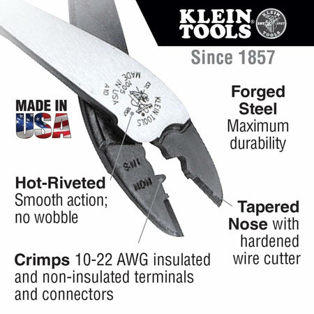 Klein Tools crimping and cutting tool with forged steel construction, tapered nose, and labeling for crimping 10–22 AWG terminals.