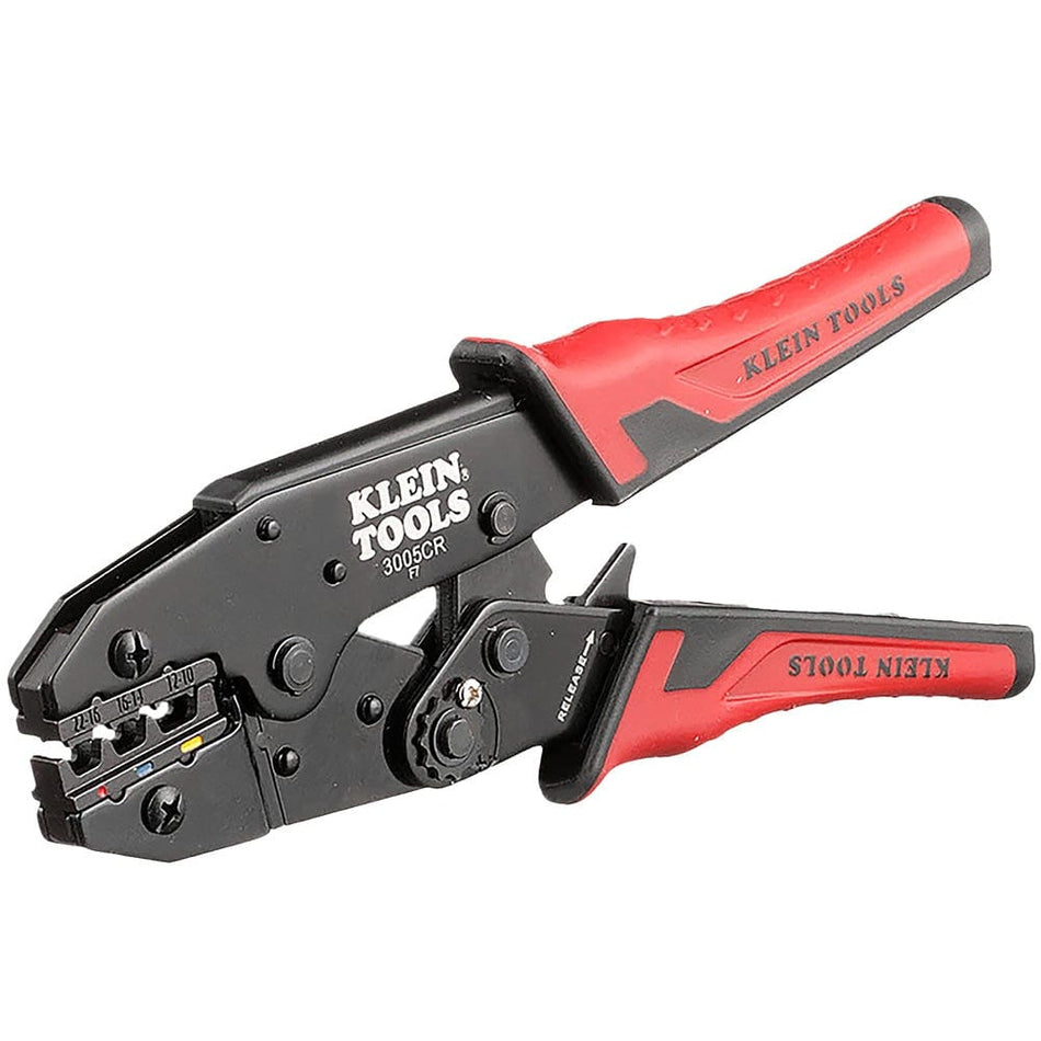 The Klein Tools 3005CR ratcheting wire crimper, featuring red and black dual-material comfort-grip handles and a black steel crimping head with color-coded markings for terminal sizes.