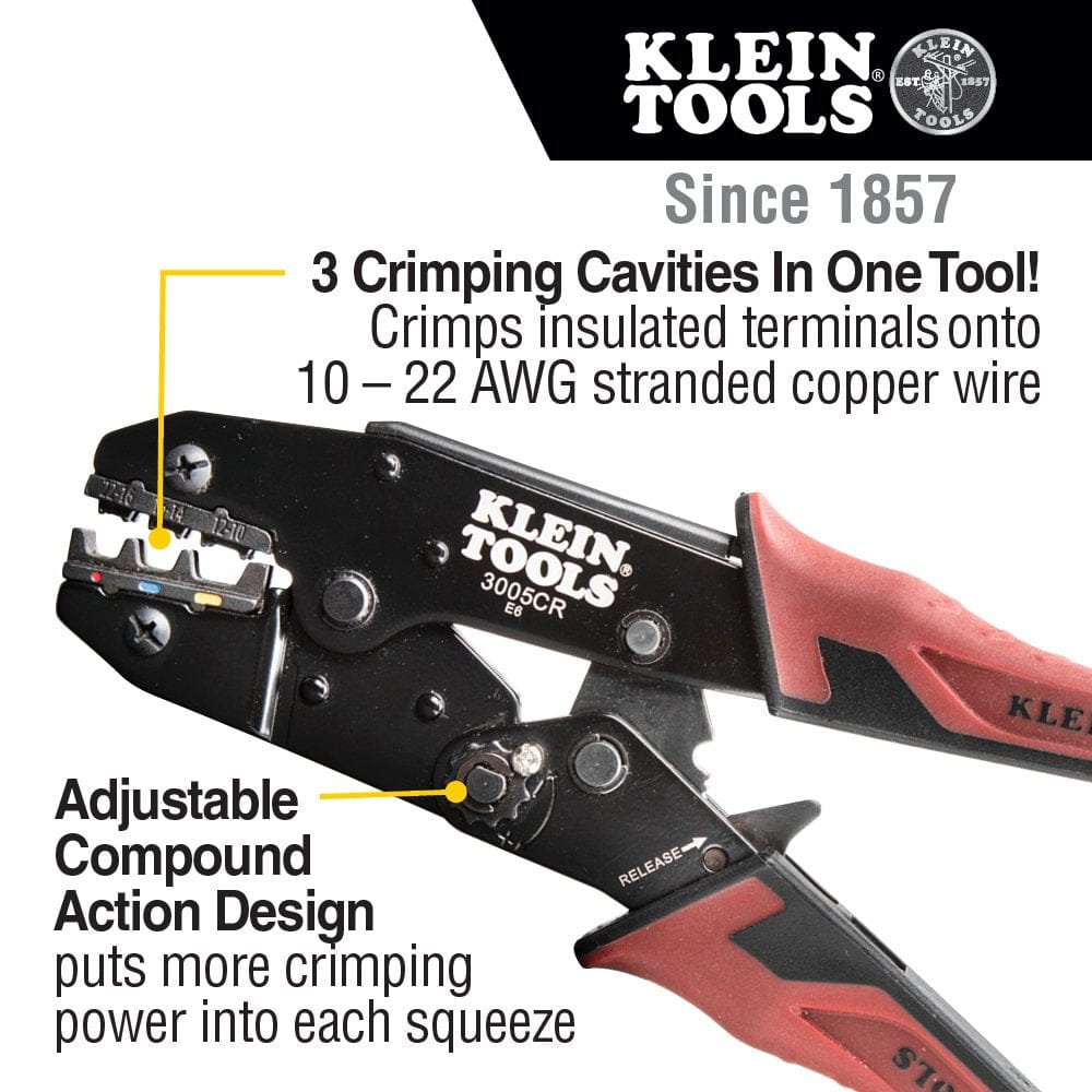 A product feature graphic showing the crimping jaws and identifying the three color-coded cavities for 10 to 22 AWG wire, along with the adjustable compound action design for increased crimping power.