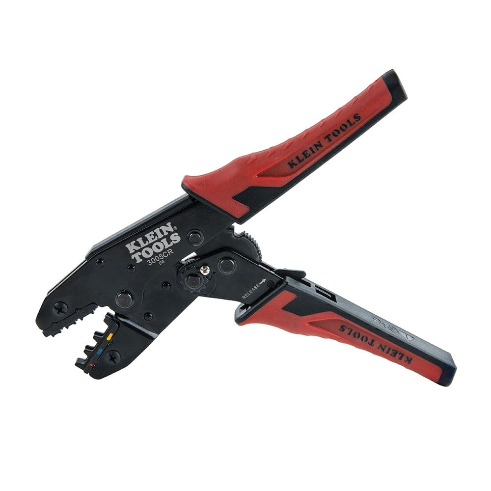 The crimping tool shown with the ratcheting jaws partially open, revealing the internal gear mechanism and the force adjustment dial located near the pivot point.