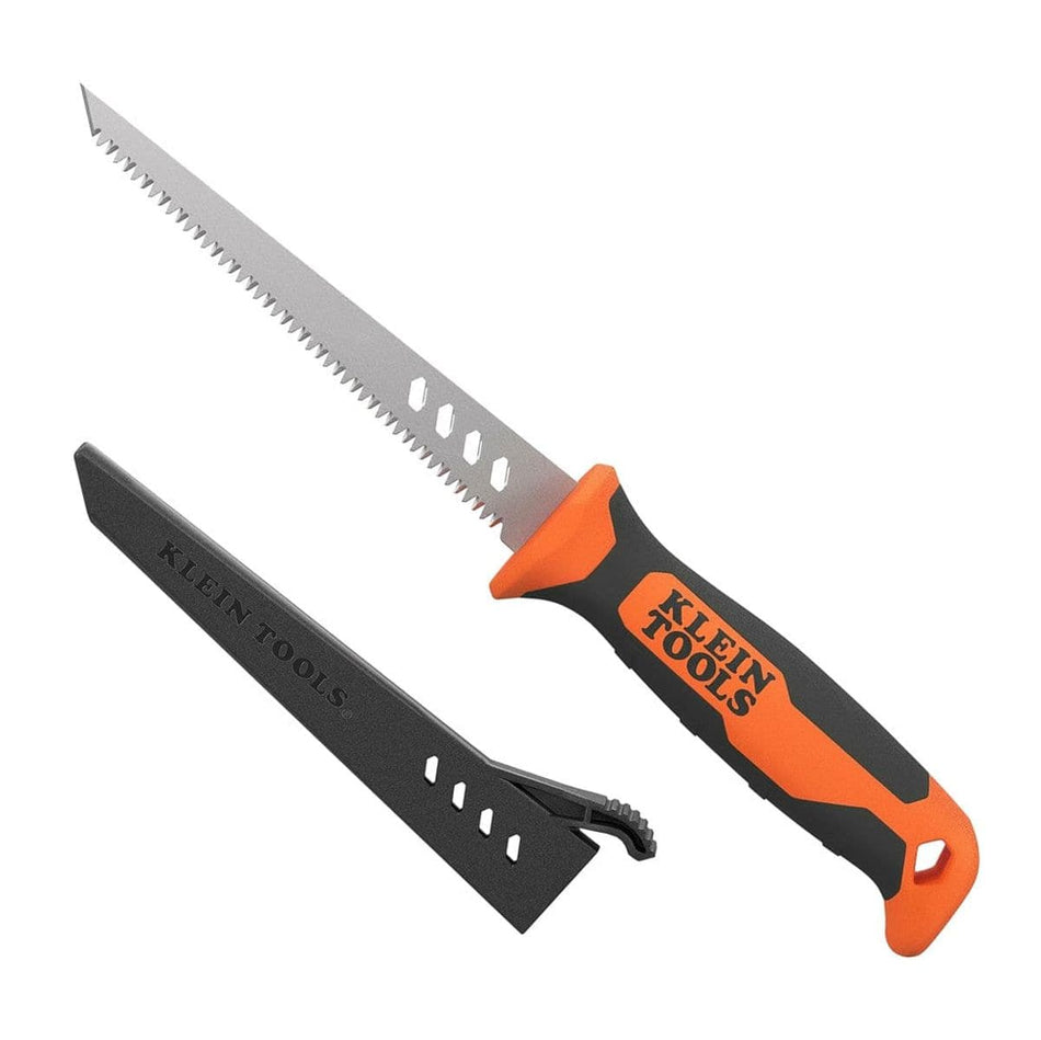 Studio view of the Klein Tools fixed blade rasping jab saw featuring an orange and black cushion-grip handle and a 6.5 inch steel blade, displayed alongside its black protective sheath.