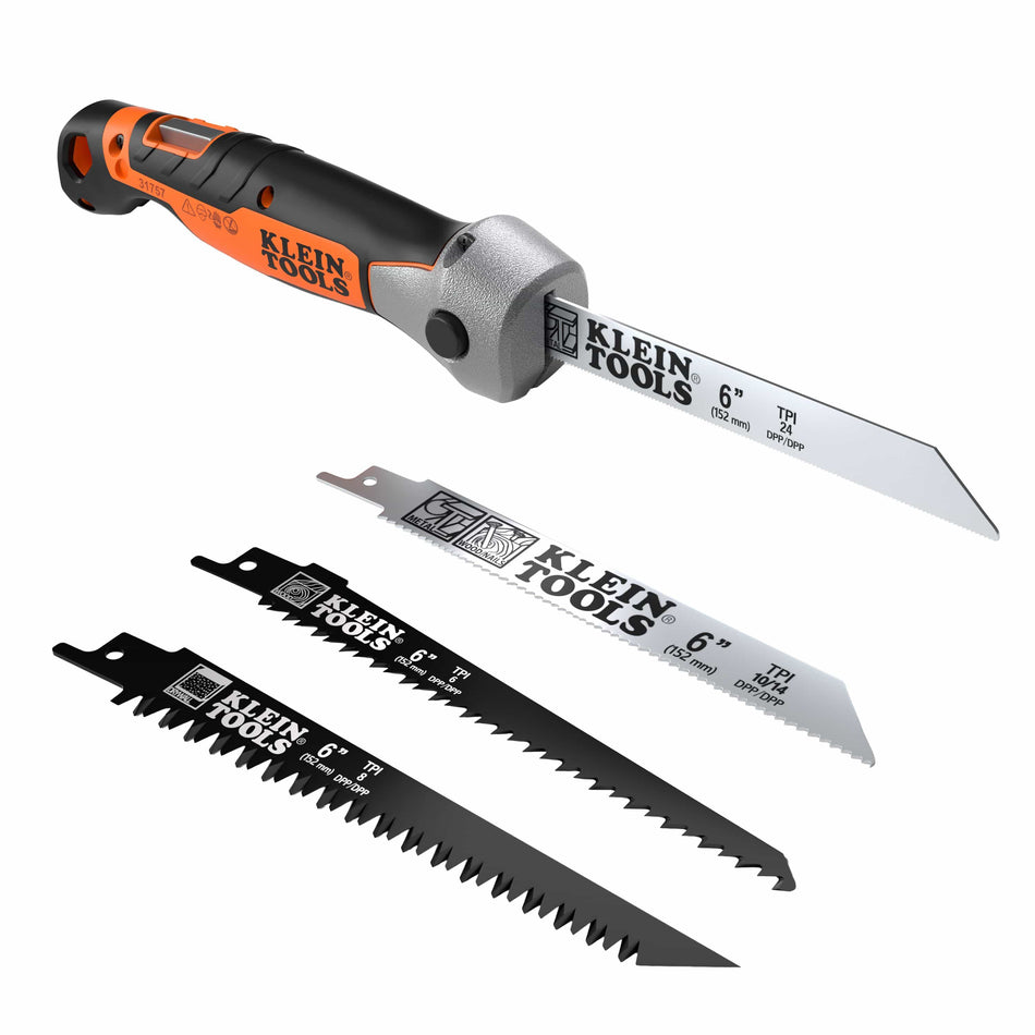 A studio product shot of the Klein Tools 31757 folding multi-purpose jab saw featuring an ergonomic orange and black handle with a 6-inch reciprocating saw blade attached, accompanied by three additional specialized replacement blades for wood, drywall, and metal.
