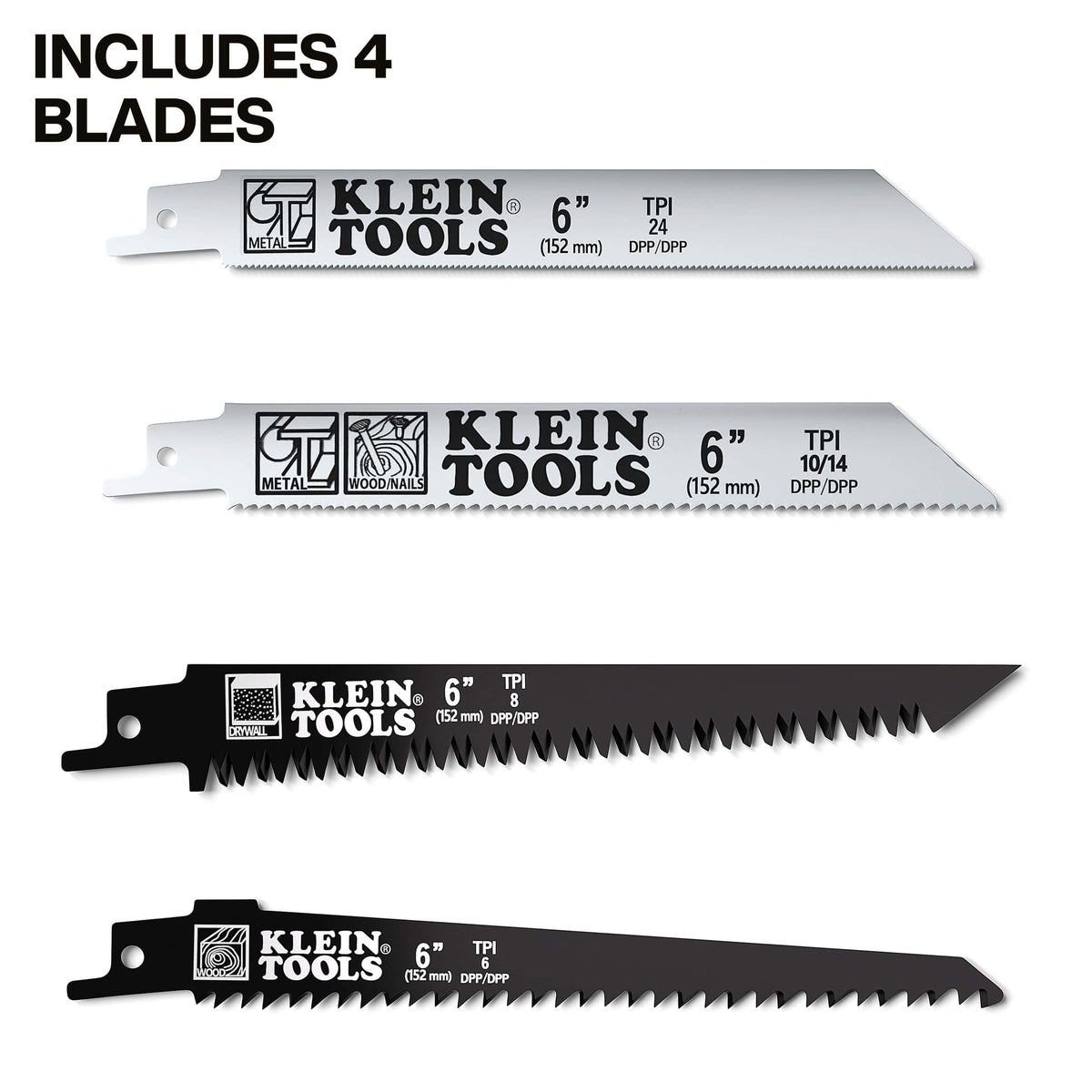 A component breakdown showing the four included 6-inch blades: a 24 TPI bi-metal blade for metal, a 10/14 TPI bi-metal multi-material blade, an 8 TPI drywall/plaster blade, and a 6 TPI wood-cutting blade.