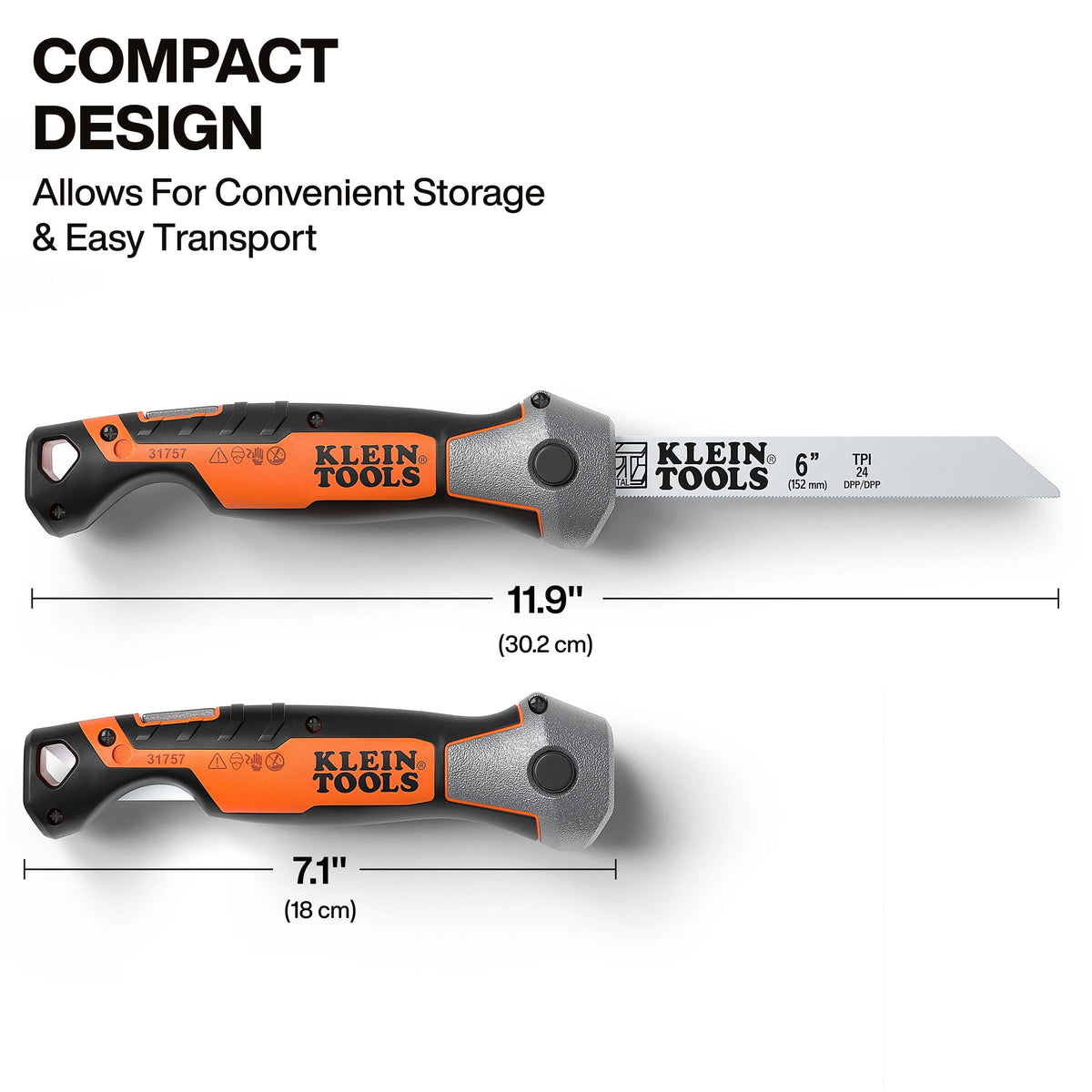 A technical graphic illustrating the compact design of the jab saw, showing an open length of 11.9 inches and a folded storage length of 7.1 inches for convenient transport in a tool belt or bag.