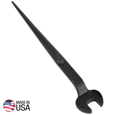 Klein Tools 3210 American Bridge alloy steel spud wrench on a white background, featuring a 7/8 inch opening for 1/2 inch heavy nuts and a continuous taper handle for steel erection bolt alignment, alongside a Made in USA logo.