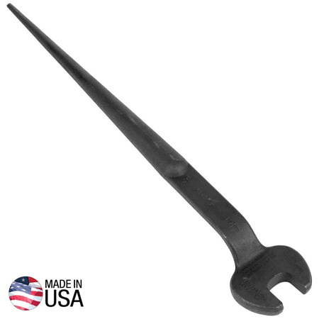 Klein Tools 3219 heavy-duty alloy steel spud wrench on a white background, featuring a 3/4 inch opening and a continuous taper handle for ironworker bolt alignment, alongside a Made in USA graphic.