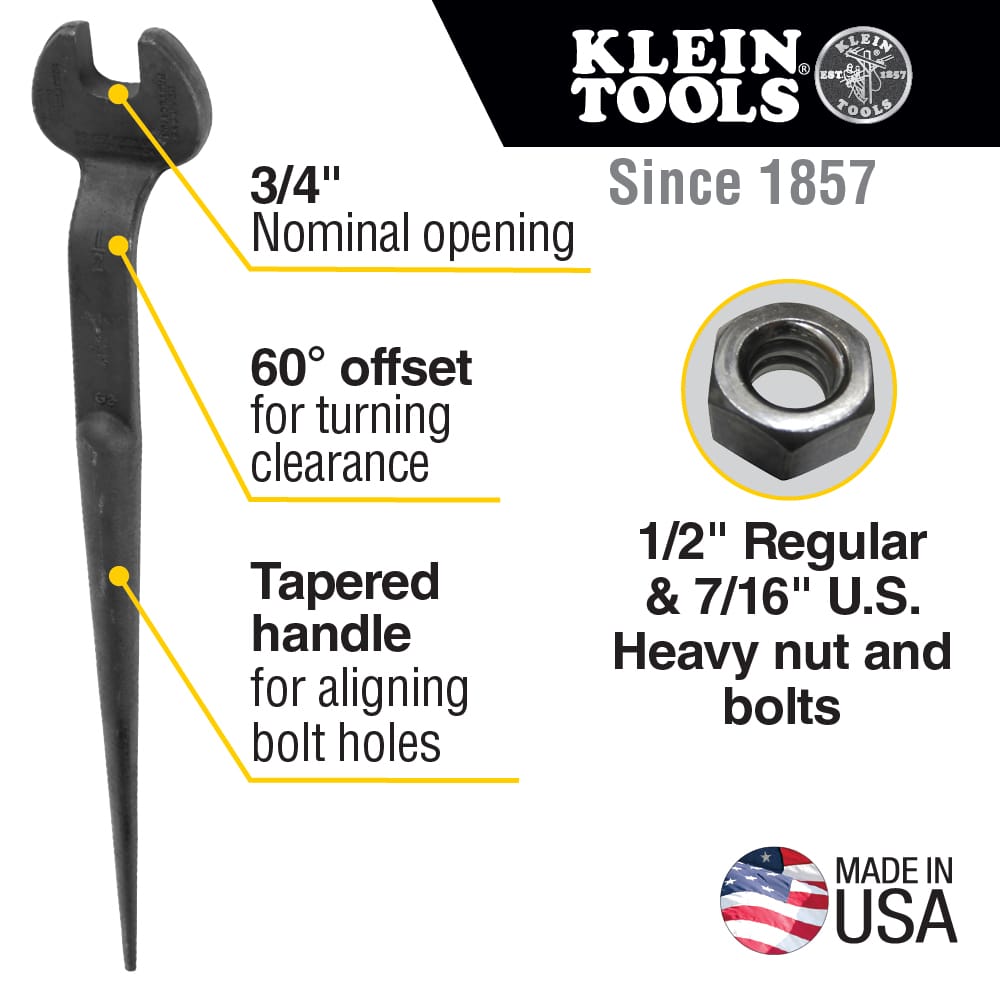 Feature graphic of the Klein Tools 3219 Alloy Steel Spud Wrench highlighting 3/4 inch opening, 60‑degree offset head, and tapered alignment handle for positioning 1/2 inch regular nuts and structural bolts in construction work.