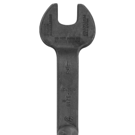 Close‑up of a Klein Tools 3219‑style open‑end wrench head with size markings and safety warnings, designed for heavy‑duty mechanical and electrical applications requiring insulated tool protection.
