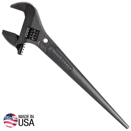 Klein Tools 3227 10 Inch Adjustable Construction Spud Wrench with 1‑7/16 inch jaw opening and tapered alignment handle, made from alloy steel with tether hole for safe use in ironworking and structural bolt alignment.