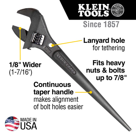 Feature graphic of the Klein Tools 3227 Adjustable Construction Spud Wrench showing 1‑7/16 inch jaw opening, wider jaw design, tether hole, and continuous taper handle for bolt hole alignment in heavy‑duty construction work.