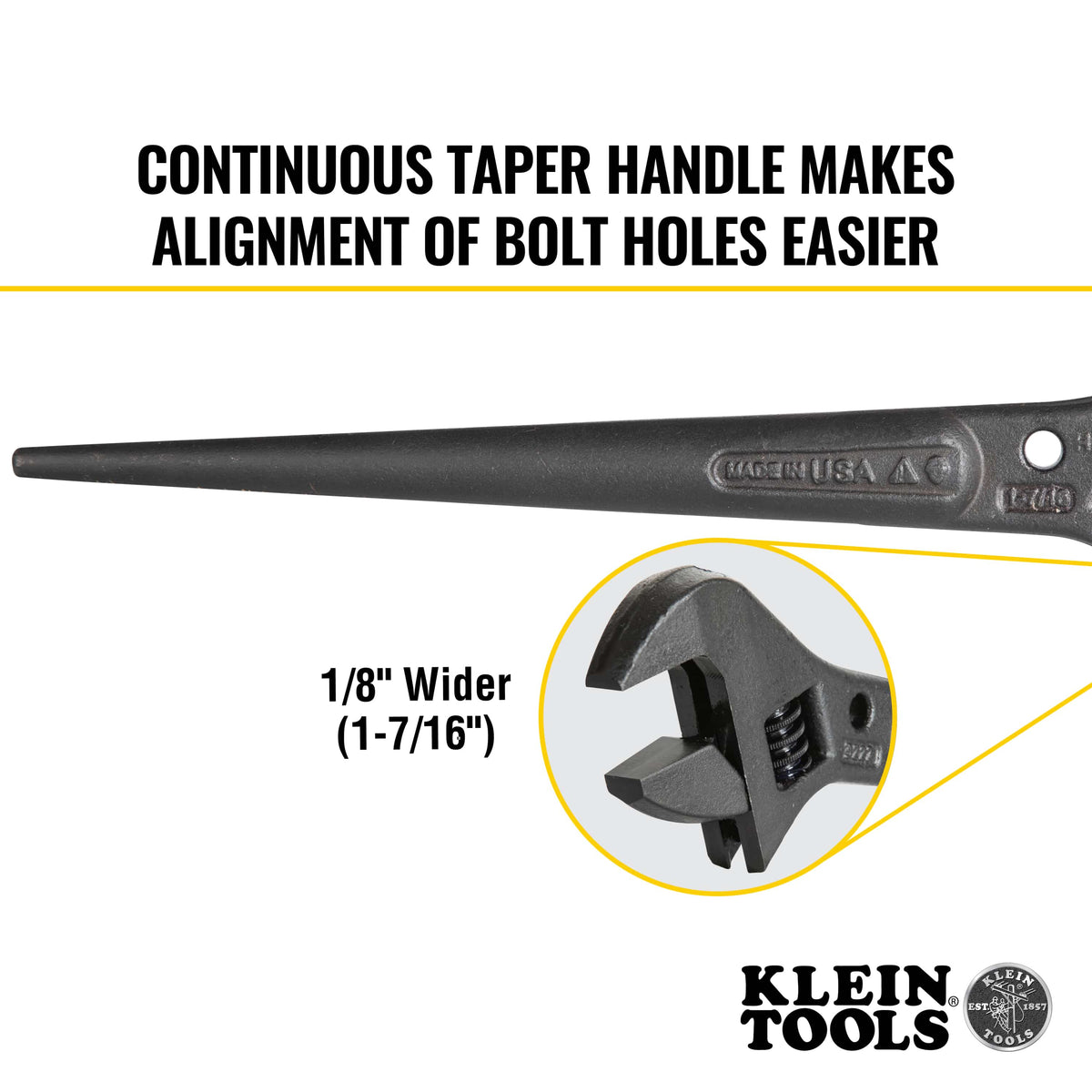 Klein Tools 3227 Adjustable Spud Wrench with continuous taper handle and 1‑7/16 inch jaw opening, highlighting Made in USA construction and alignment‑ready design for ironworkers and steel erection tasks.