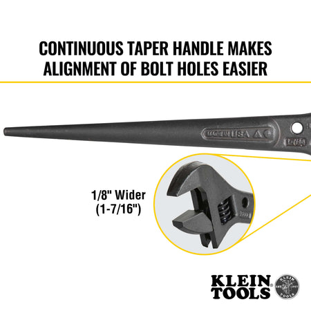 Klein Tools 3227 Adjustable Spud Wrench with continuous taper handle and 1‑7/16 inch jaw opening, highlighting Made in USA construction and alignment‑ready design for ironworkers and steel erection tasks.