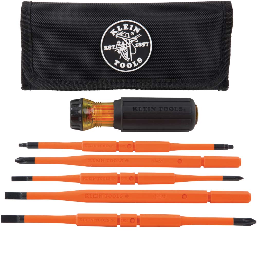 Klein Tools 32288 8-in-1 insulated interchangeable screwdriver set product lineup showing a black nylon storage roll pouch with a circular brand logo, a black Cushion-Grip handle with a clear amber-colored twisting lock collar, and five bright orange insulated slim-tip screwdriver blades organized vertically against a white background.
