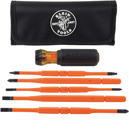 Klein Tools 32288 8-in-1 insulated interchangeable screwdriver set product lineup showing a black nylon storage roll pouch with a circular brand logo, a black Cushion-Grip handle with a clear amber-colored twisting lock collar, and five bright orange insulated slim-tip screwdriver blades organized vertically against a white background.