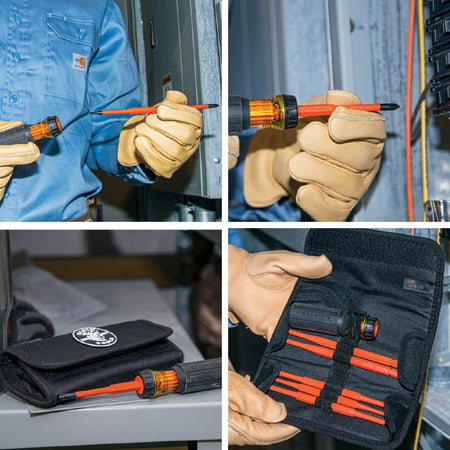 A four-panel grid display showing the Klein Tools 8-in-1 insulated interchangeable screwdriver kit in action, demonstrating blade alignment changes with safety gloves, direct fastening on a panel board, storage on a jobsite workbench, and organizing slim-tip orange blades inside the open black nylon carrying pouch.