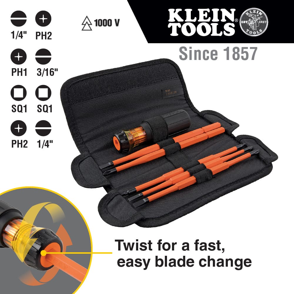 Klein Tools 1000V rated insulated interchangeable screwdriver set infograph displaying five orange slim-tip blades tucked securely inside an open black storage pouch alongside tip configuration icons for 1/4 inch slotted, PH2 Phillips, PH1 Phillips, 3/16 inch slotted, and SQ1 and SQ2 square drive bits, with text reading Twist for a fast, easy blade change.