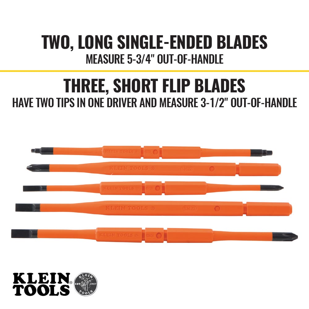 Klein Tools interchangeable insulated screwdriver set technical graphic illustrating five flame resistant orange shafts with text specifying two long single-ended blades measuring 5-3/4 inches out-of-handle and three short flip blades featuring two tips in one driver measuring 3-1/2 inches out-of-handle, complete with a lower corner brand logo.