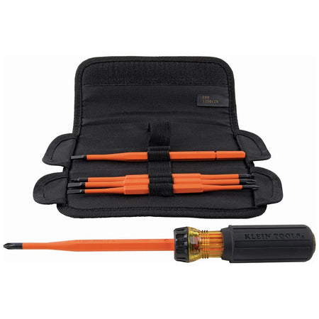 Klein Tools high dielectric interchangeable insulated screwdriver set displayed open with four orange slim-tip blades slotted into internal elastic storage bands of a black roll pouch, arranged neatly above a fully assembled 1000-volt insulated screwdriver with a #2 Phillips drive tip locked into the Cushion-Grip handle against a white background.