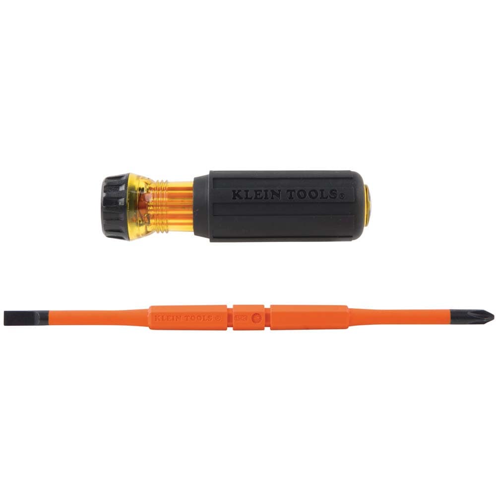 Klein Tools 8-in-1 insulated interchangeable screwdriver handle shown in a direct flat profile layout separated from an orange double-ended slim-tip blade featuring a structural center alignment notch, engineered to resist impact and electrical shock near energized sources up to 1000 volts isolated on a white background.