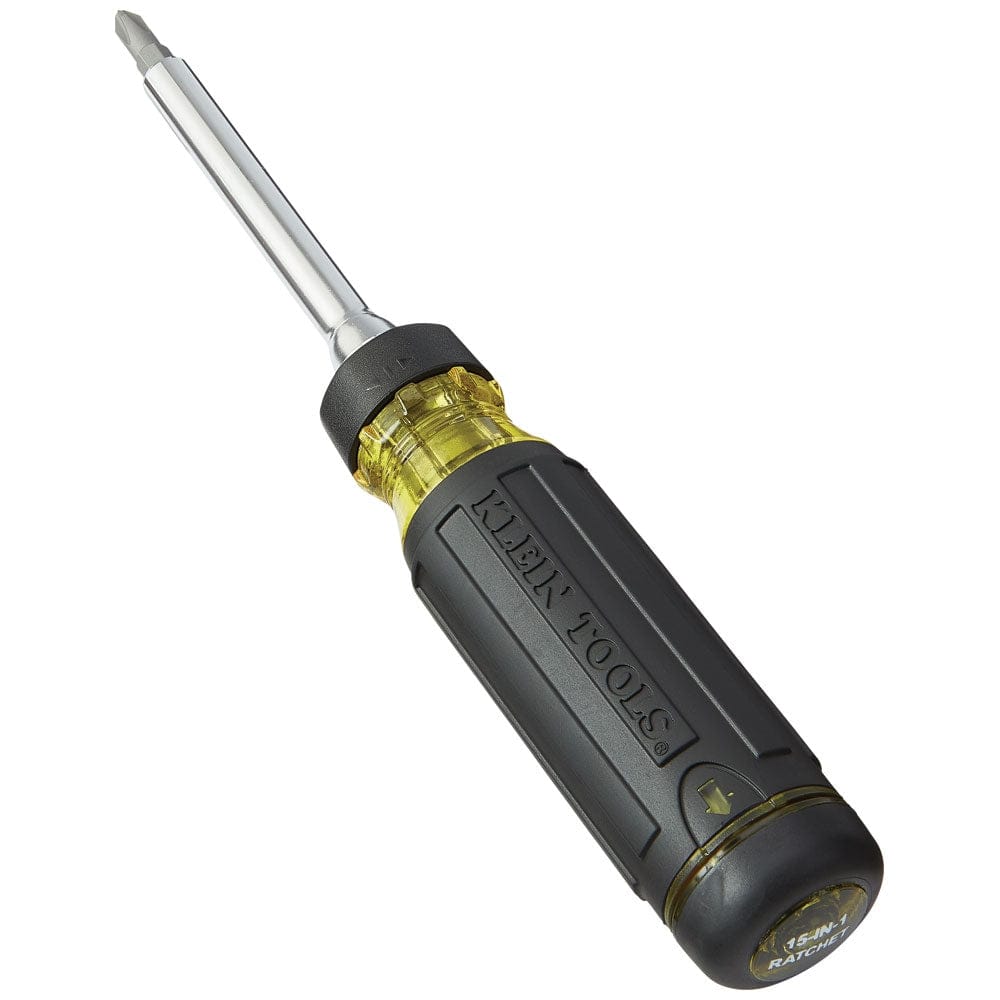Angled view of the screwdriver highlighting the black directional ratchet collar located on the yellow shaft base.