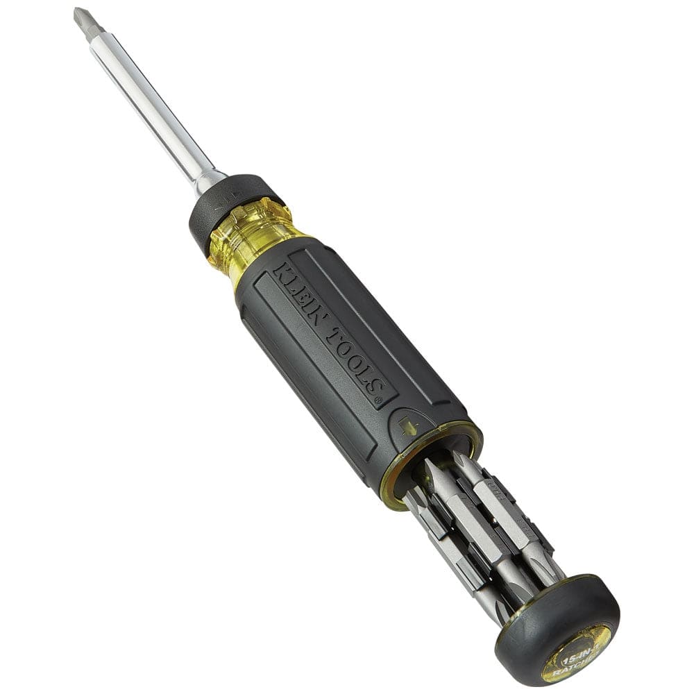 View of the screwdriver with the end cap pulled out to reveal the internal storage canister holding multiple double-ended bits.