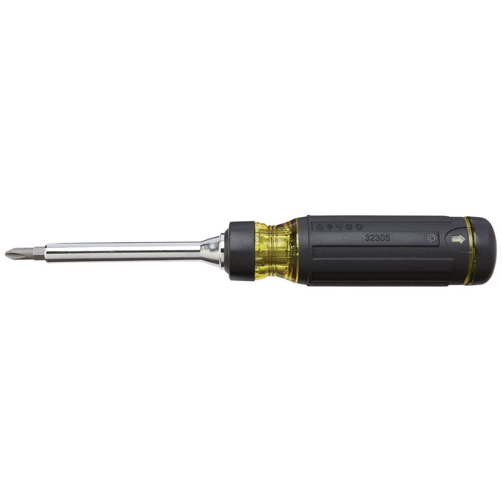 Horizontal side profile view of the complete 15-in-1 ratcheting screwdriver lying flat.