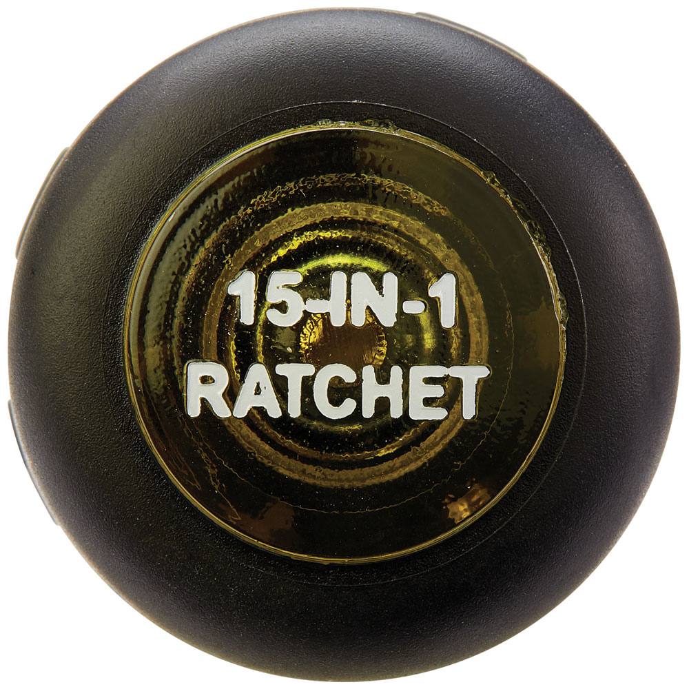 Top-down view of the handle end cap featuring clear text that reads 15-IN-1 RATCHET.