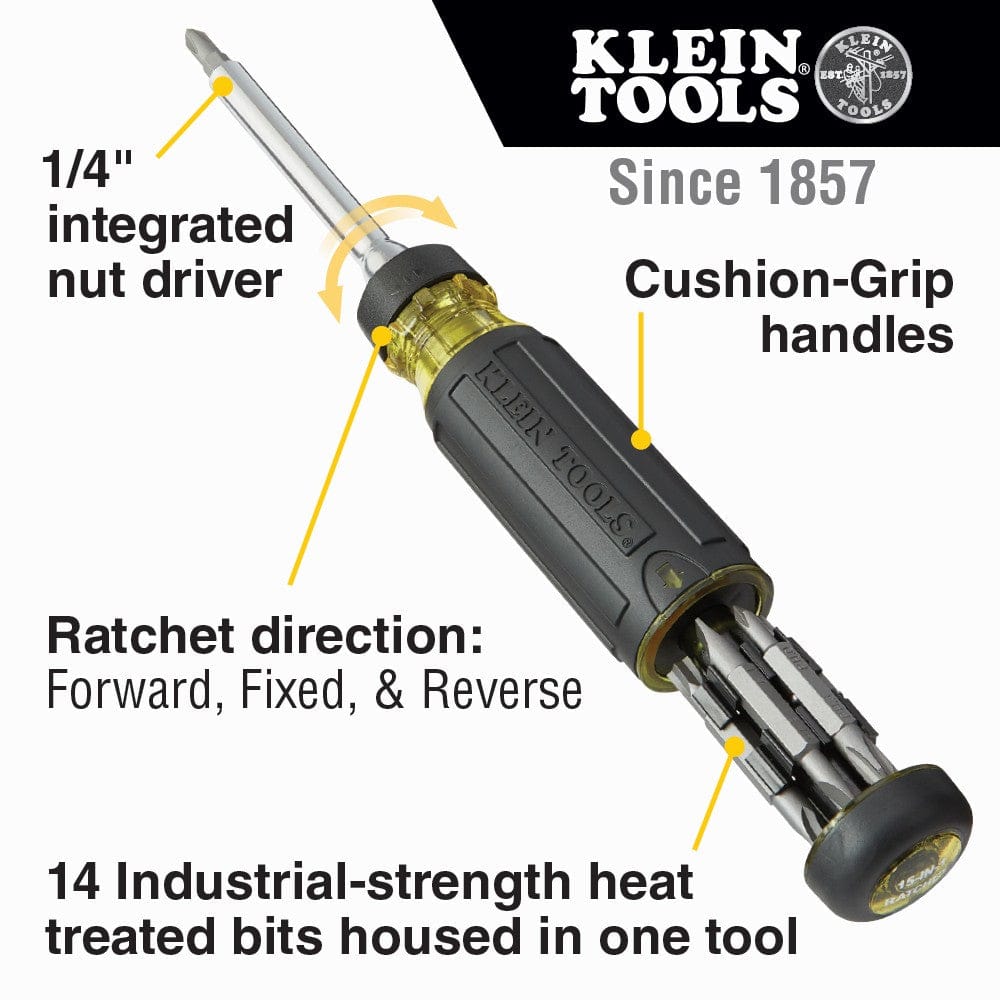 Infographic pointing out key features including the 1/4 inch nut driver, ratcheting direction control, cushion-grip handle, and bit storage.