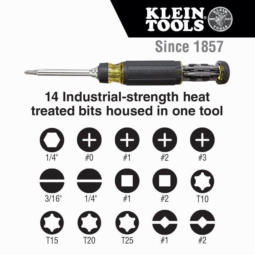 Graphic chart listing the 14 included bits: 1/4 inch Nut Driver, Phillips #0-3, Slotted 3/16 and 1/4, Square #1 and #2, Torx T10-T25, and Combo #1 and #2.