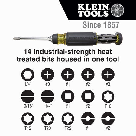 Graphic chart listing the 14 included bits: 1/4 inch Nut Driver, Phillips #0-3, Slotted 3/16 and 1/4, Square #1 and #2, Torx T10-T25, and Combo #1 and #2.