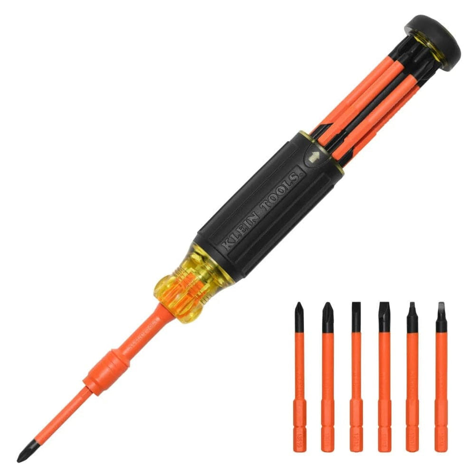 Studio view of the Klein Tools 6-in-1 insulated screwdriver featuring an orange and black handle and shaft, accompanied by six interchangeable bits arranged below.