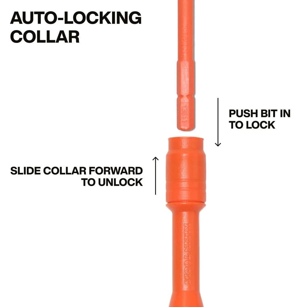 Diagram demonstrating the auto-locking collar mechanism, showing how to push the orange insulated bit in to lock and slide the collar forward to unlock.
