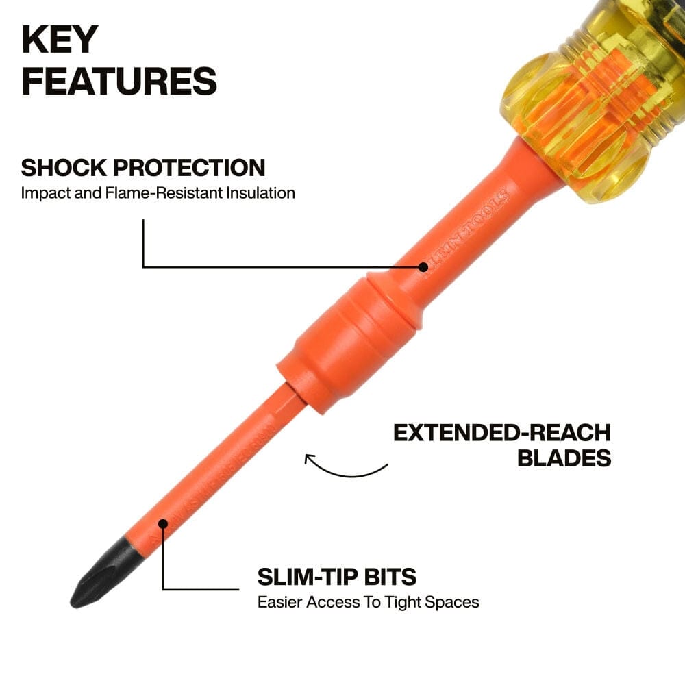 Key features infographic highlighting the impact and flame-resistant insulation, extended-reach blades, and slim-tip bits designed for easier access to tight spaces.